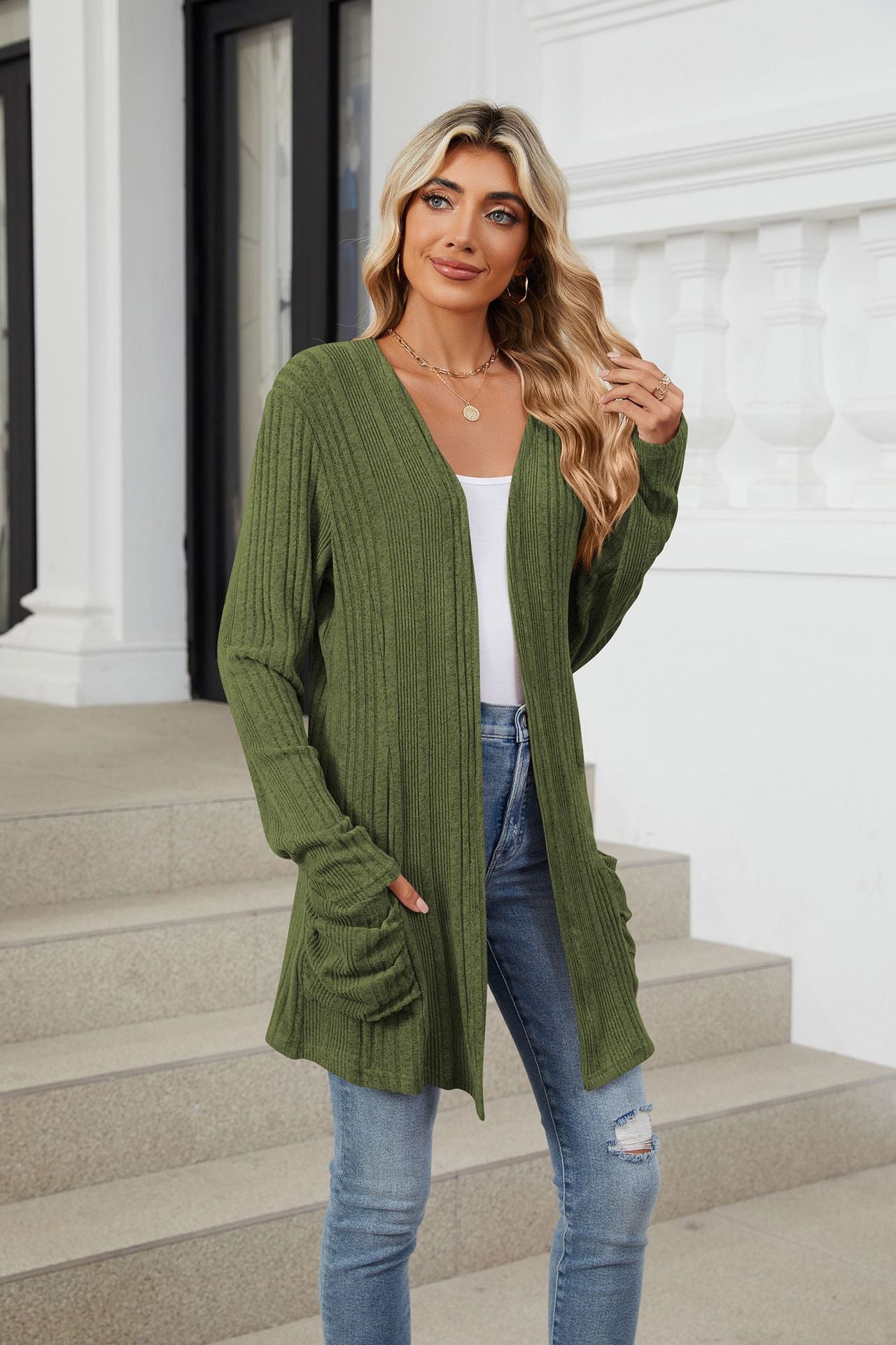 Pocketed Open Front Long Sleeve Cardigan - Charming Charlie