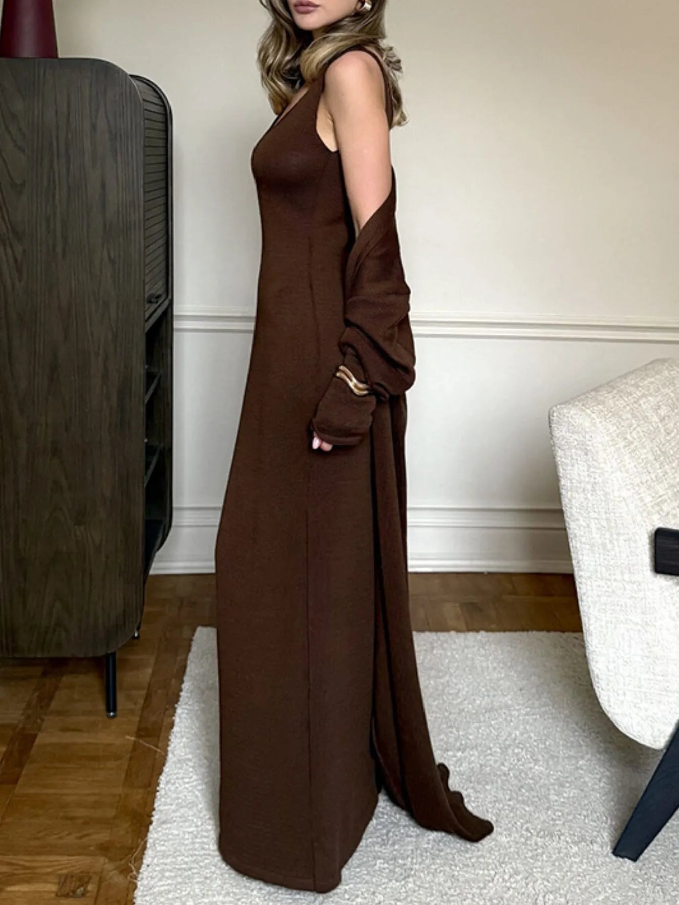 V-Neck Knit Dress and Cardigan Sweater Set Coffee Brown / L