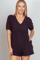 VERY J Lace Detail Puff Sleeve Romper with Pockets - Charming Charlie