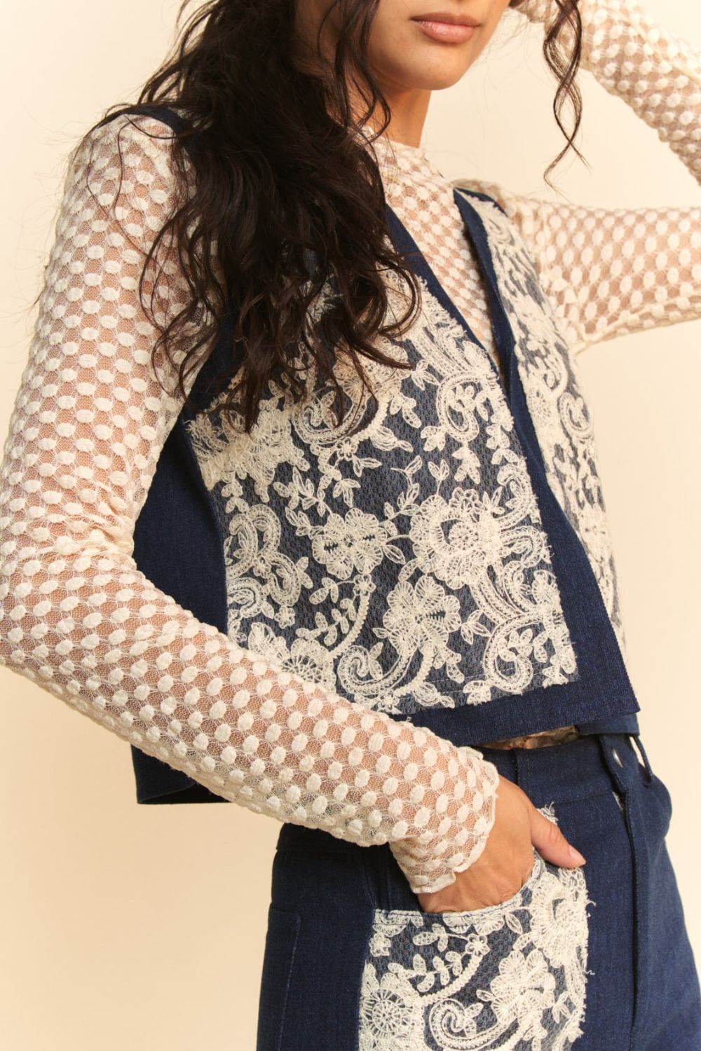 Davi & Dani Lace Patch Open Front Denim Vest - Charming Charlie