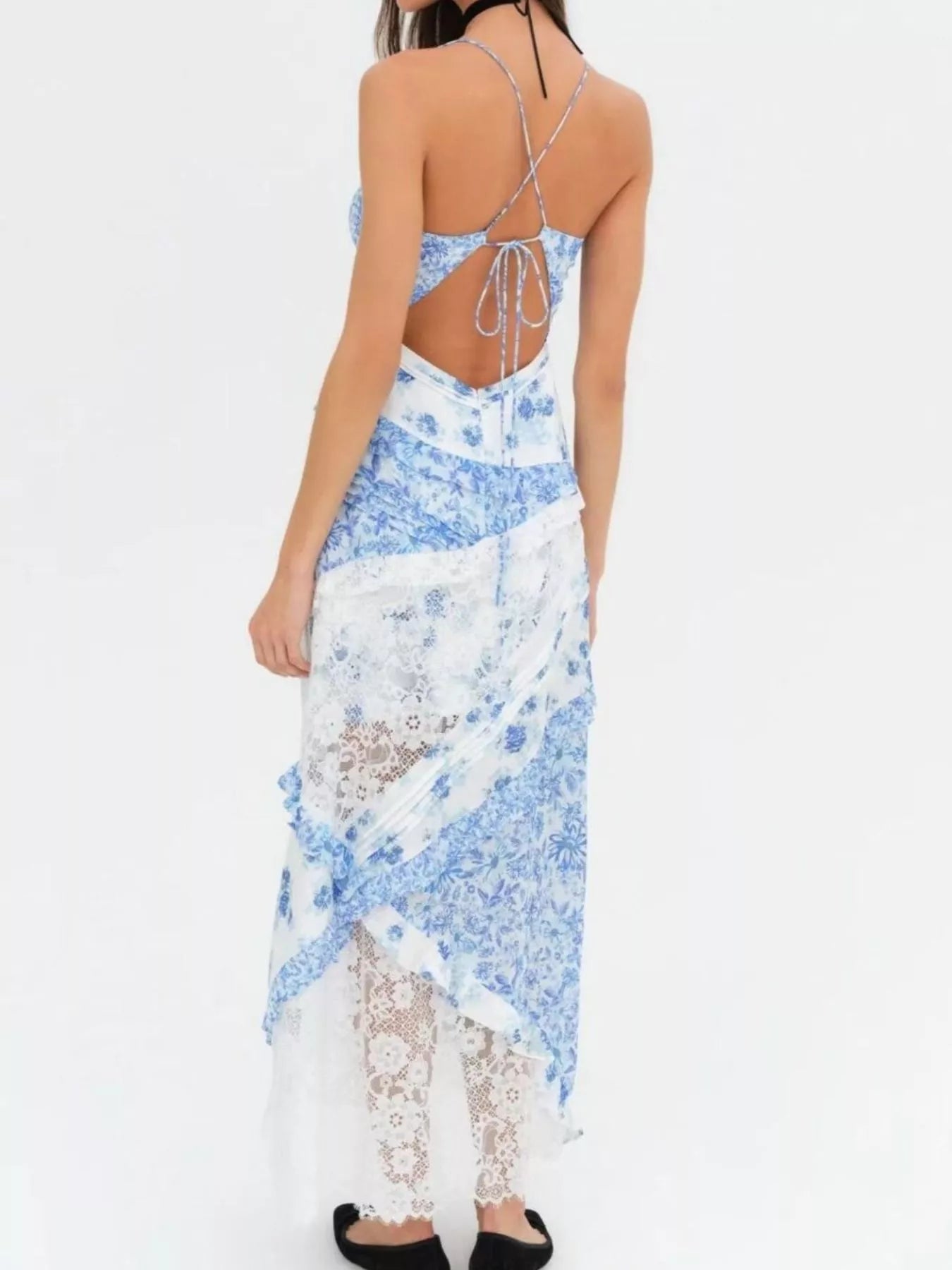 Lace Detail Ruffled Floral V-Neck Maxi Dress Blue / M