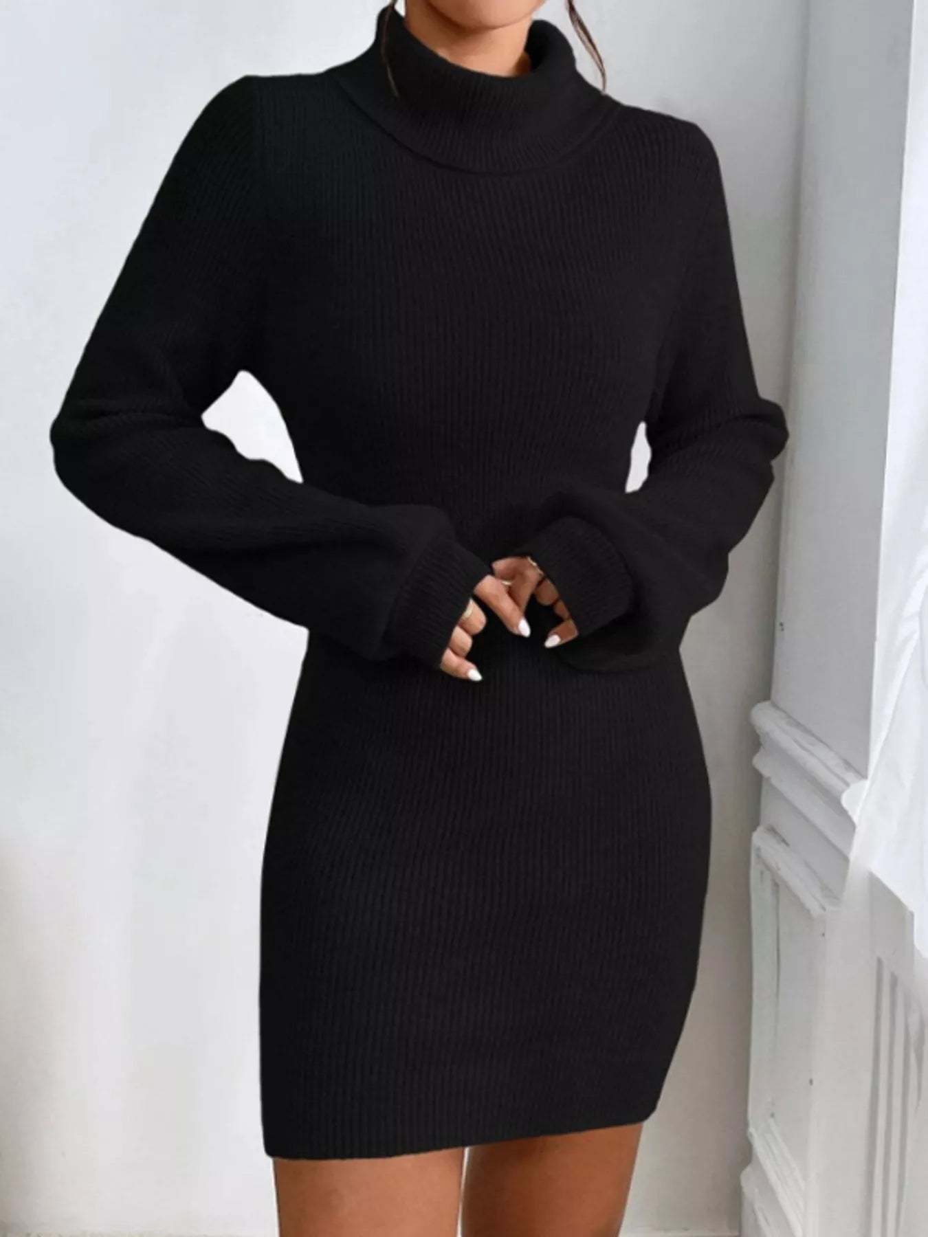Cream Beige Turtleneck Ribbed Knit Short Sweater Dress Wine Red / S By Trendsi Cream Beige Turtleneck Ribbed Knit Short Sweater Dress Wine Red / S By Trendsi