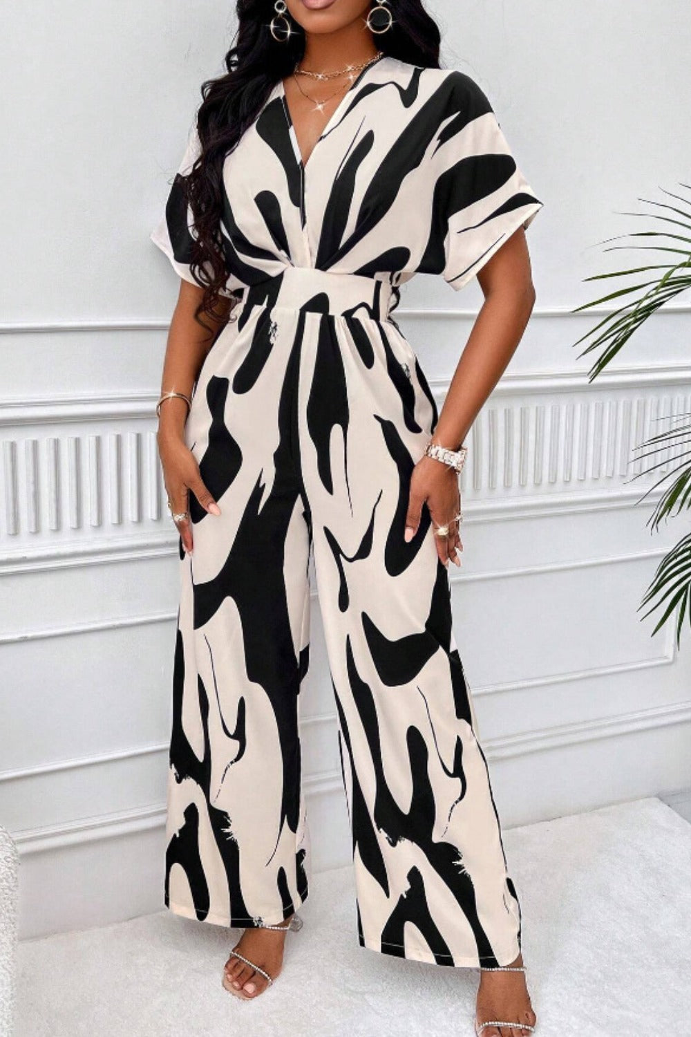 Printed V-Neck Short Sleeve Wide Leg Jumpsuit – Charming Charlie