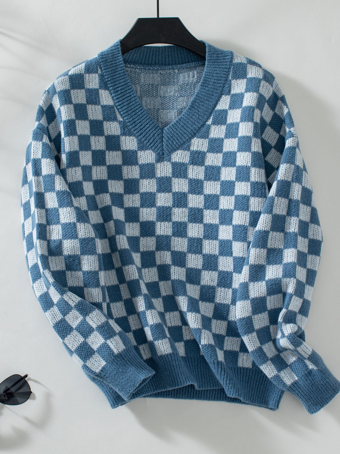 Checkered V-Neck Dropped Shoulder Sweater - Charming Charlie