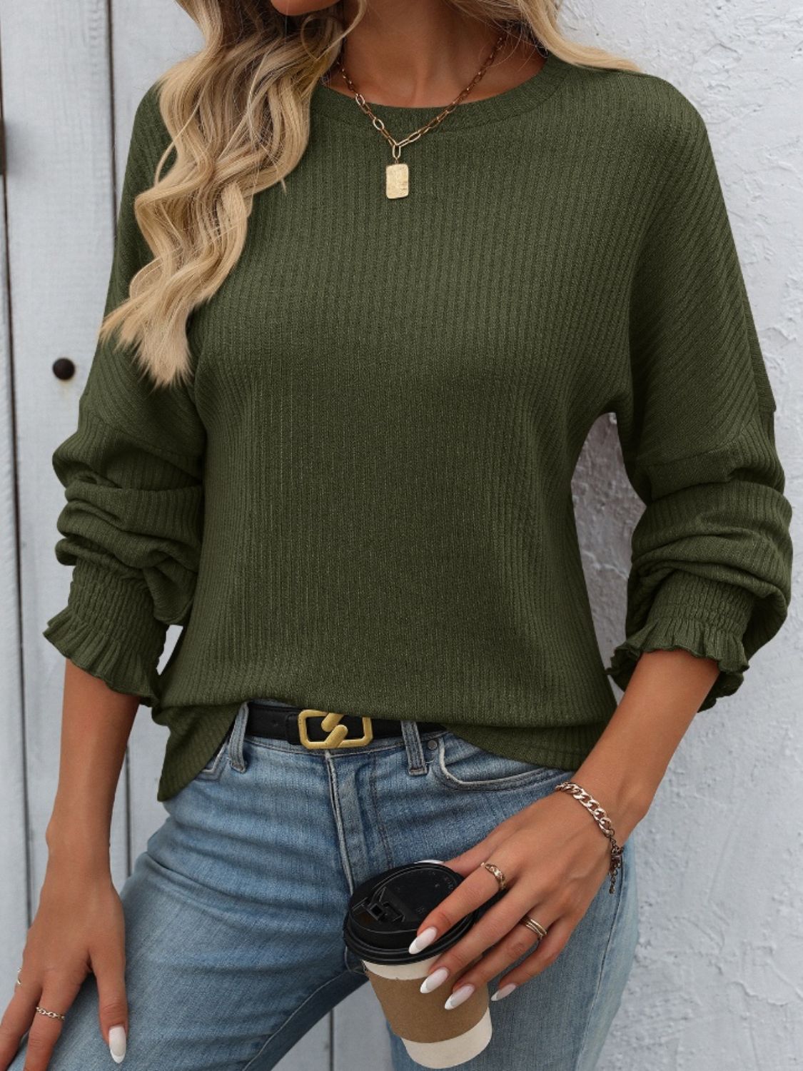Ribbed Round Neck Long Sleeve T-Shirt - Charming Charlie