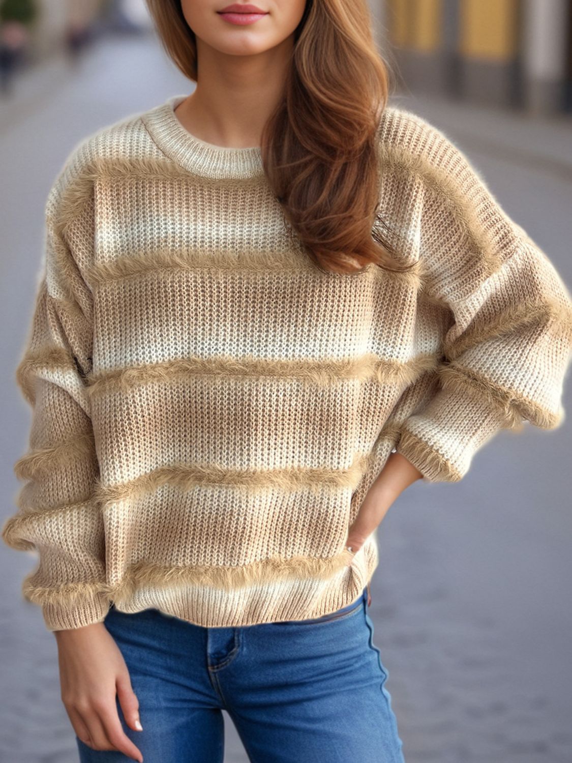 Gradient Round Neck Dropped Shoulder Sweater - Charming Charlie