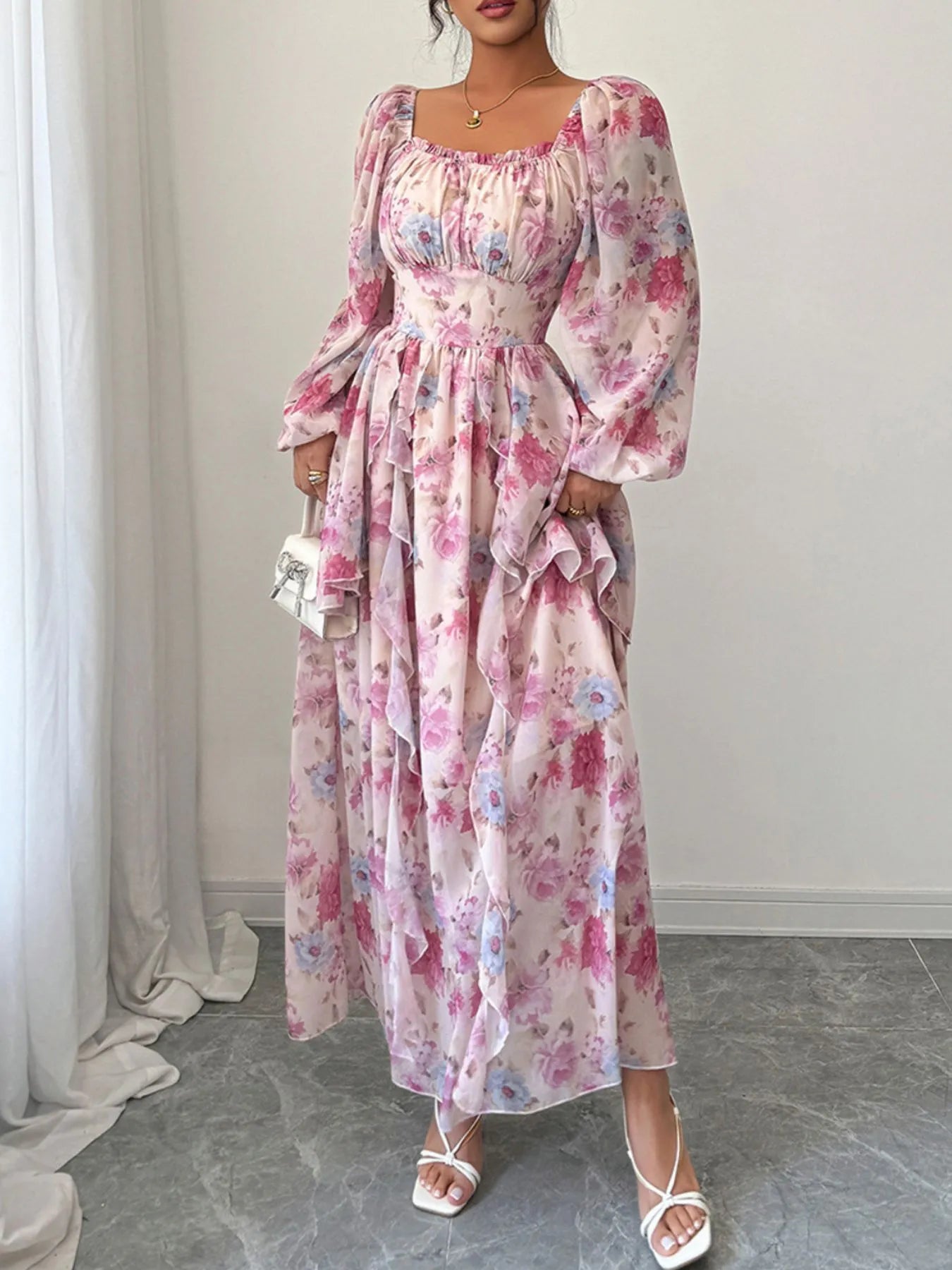 balloon sleeve maxi dress Ruffled Floral Print Balloon Sleeve Maxi Dress