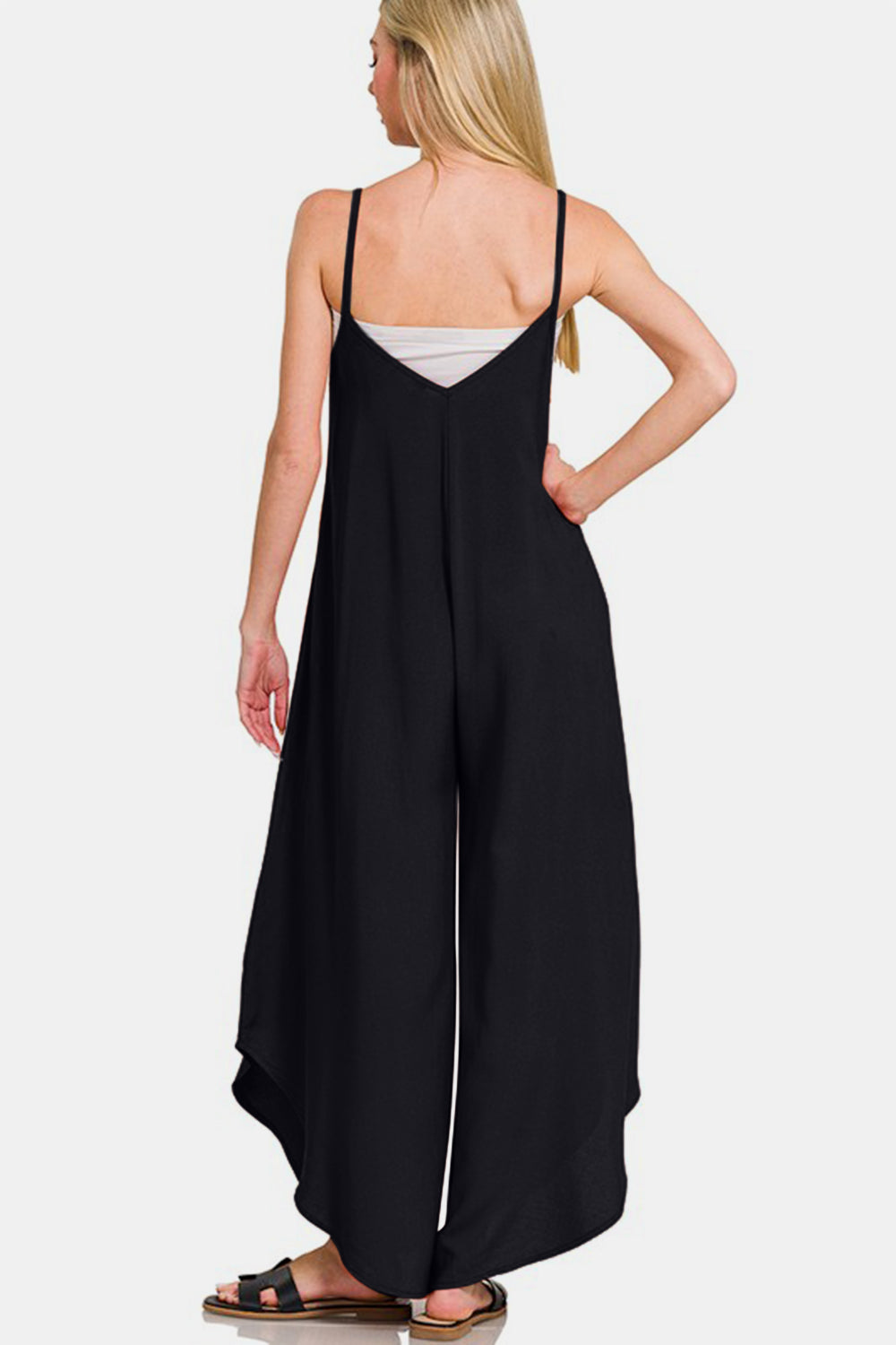 Zenana Spaghetti Strap Wide Leg Overalls with Pockets - Charming Charlie