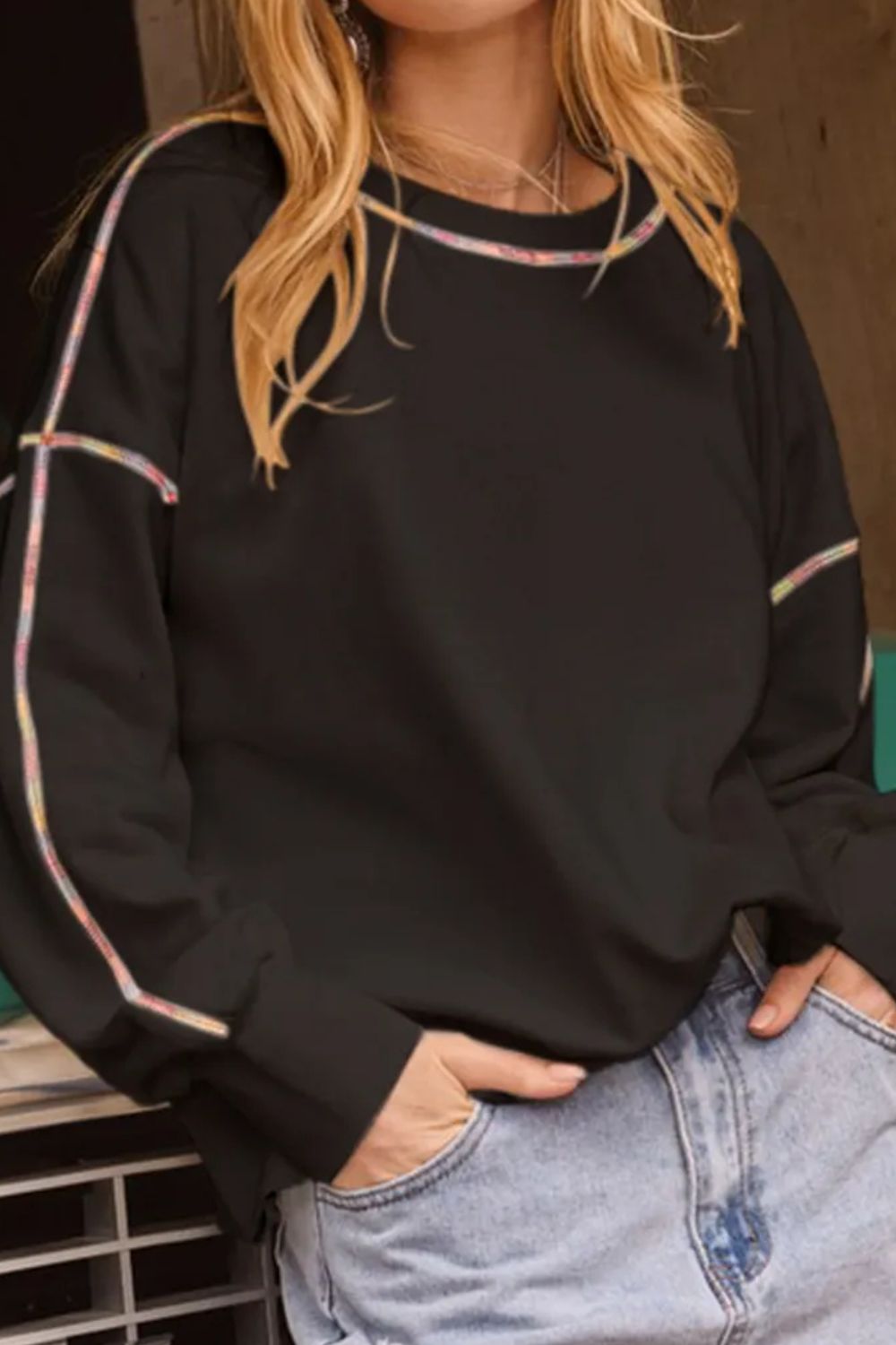 Rainbow Trim Round Neck Long Sleeve Sweatshirt - Charming Charlie
