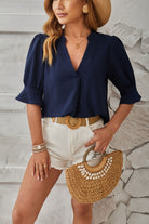 Notched Half Sleeve Blouse - Charming Charlie