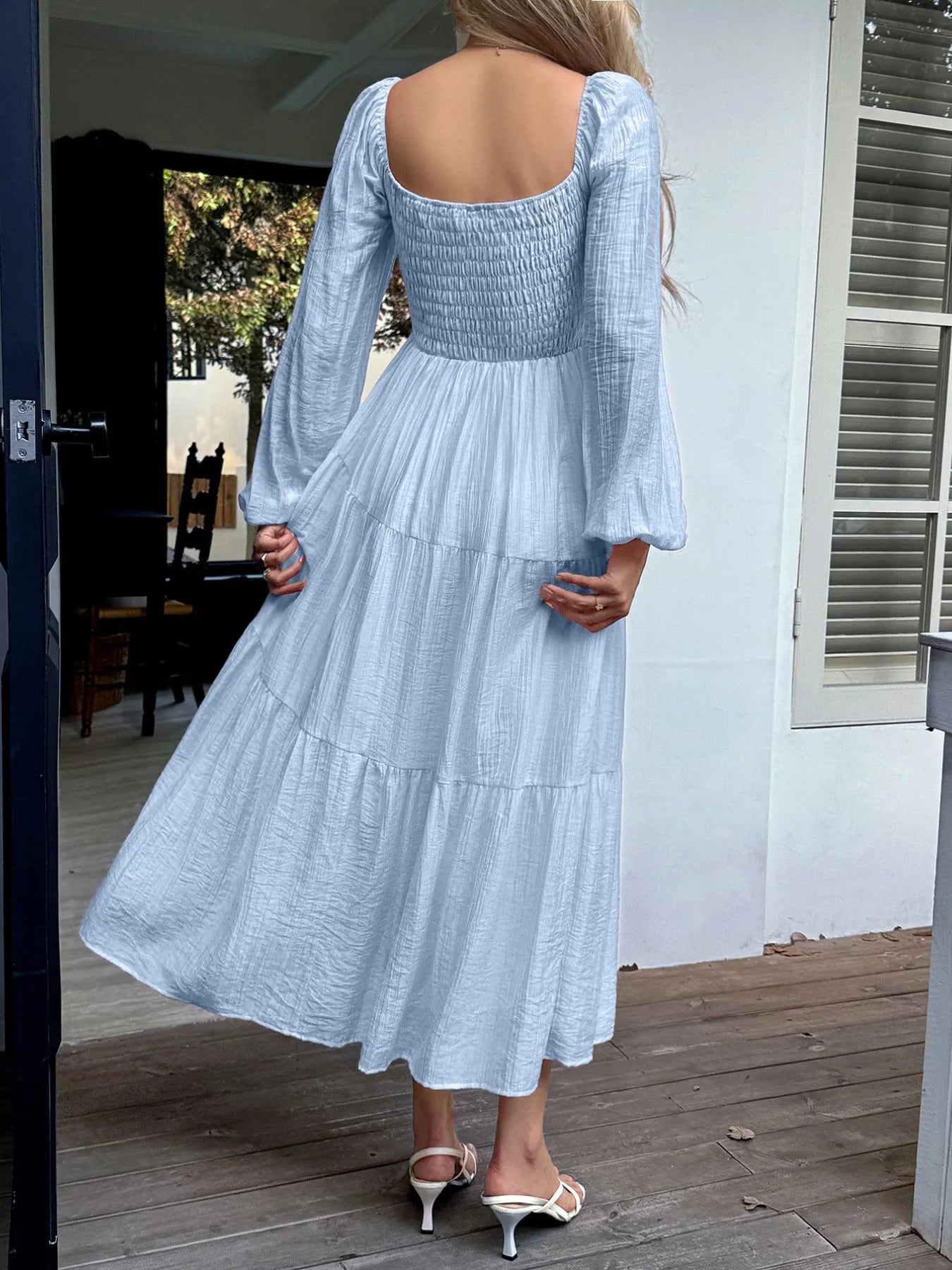 Tiered Balloon Sleeve Midi Dress Green / L