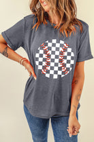 Checkered Graphic Round Neck Short Sleeve T-Shirt - Charming Charlie