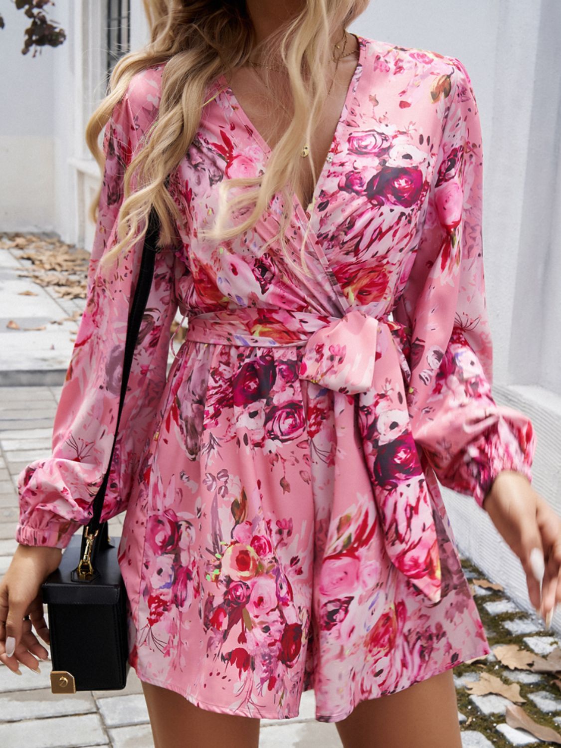 Tied Surplice Long Sleeve Romper Dusty Pink / L Tied Surplice Long Sleeve Romper Dusty Pink / L