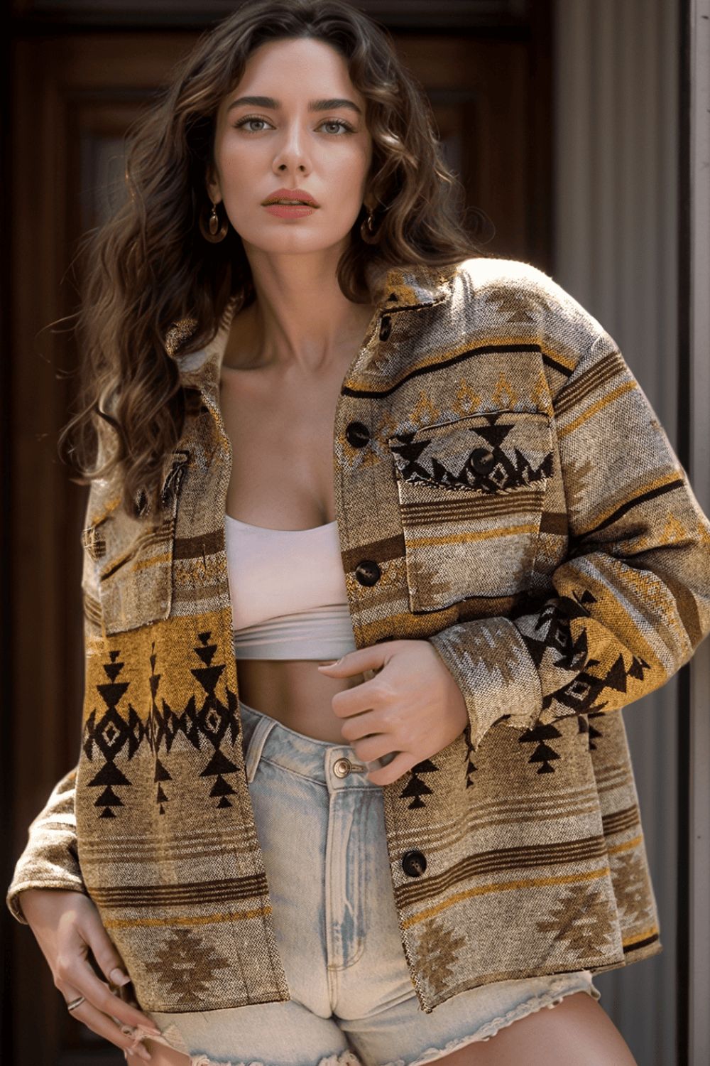 Pocketed Geometric Collared Neck Jacket - Charming Charlie