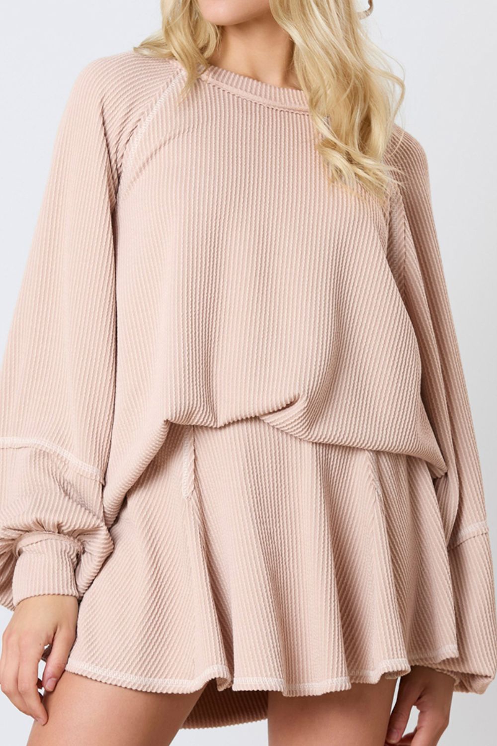 Texture Round Neck Long Sleeve Top and Skirt Set - Charming Charlie