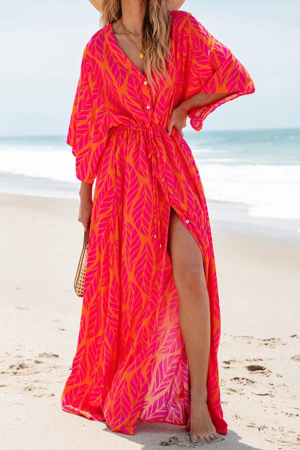 Drawstring Printed V-Neck Maxi Dress - Charming Charlie