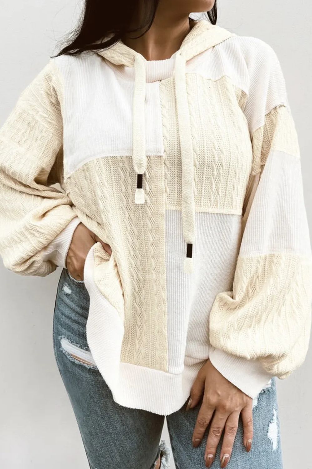 Plus Size Drawstring Color Block Long Sleeve Hoodie - Charming Charlie