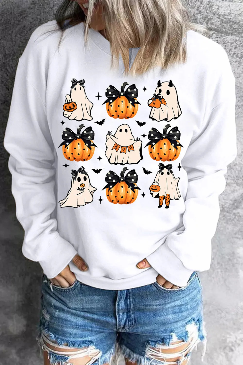 Pumpkin & Ghost Round Neck Long Sleeve Sweatshirt - Charming Charlie