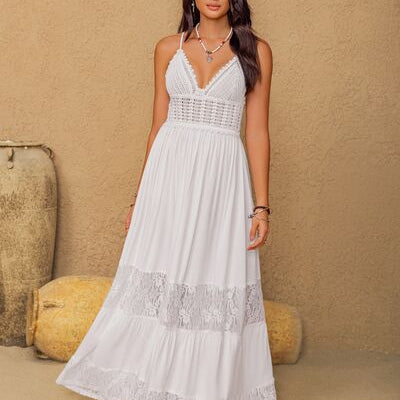 lace panel tiered seam cami dress CIDER Maxi for Women Trim Bohemian Holiday Vacation Square Neck Sleeveless Dress Green at Amazon Women's Clothing store 100%POLYESTER Lace Detail Crochet Tiered Maxi