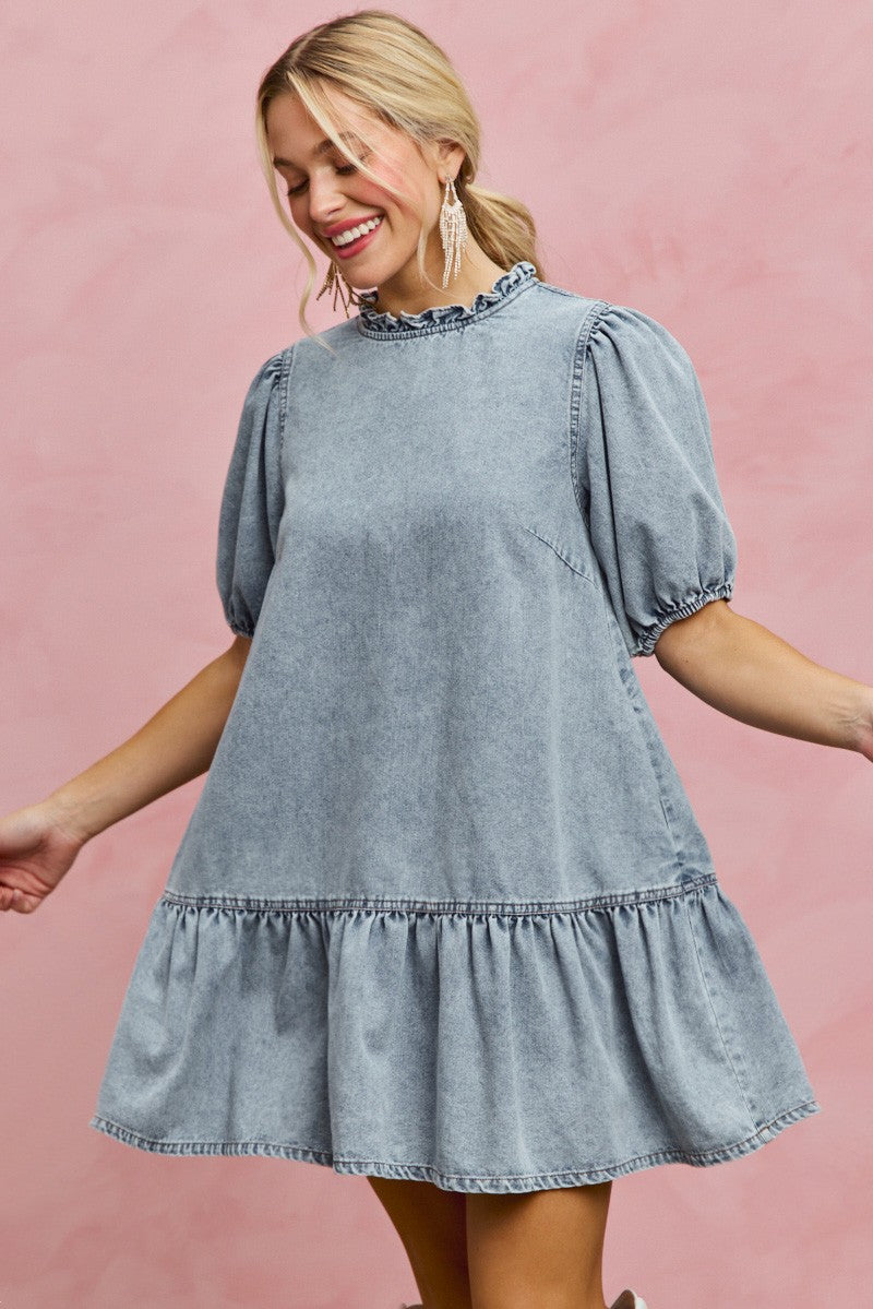 SO ME Denim Short Sleeves Mini Tiered Dress – Charming Charlie