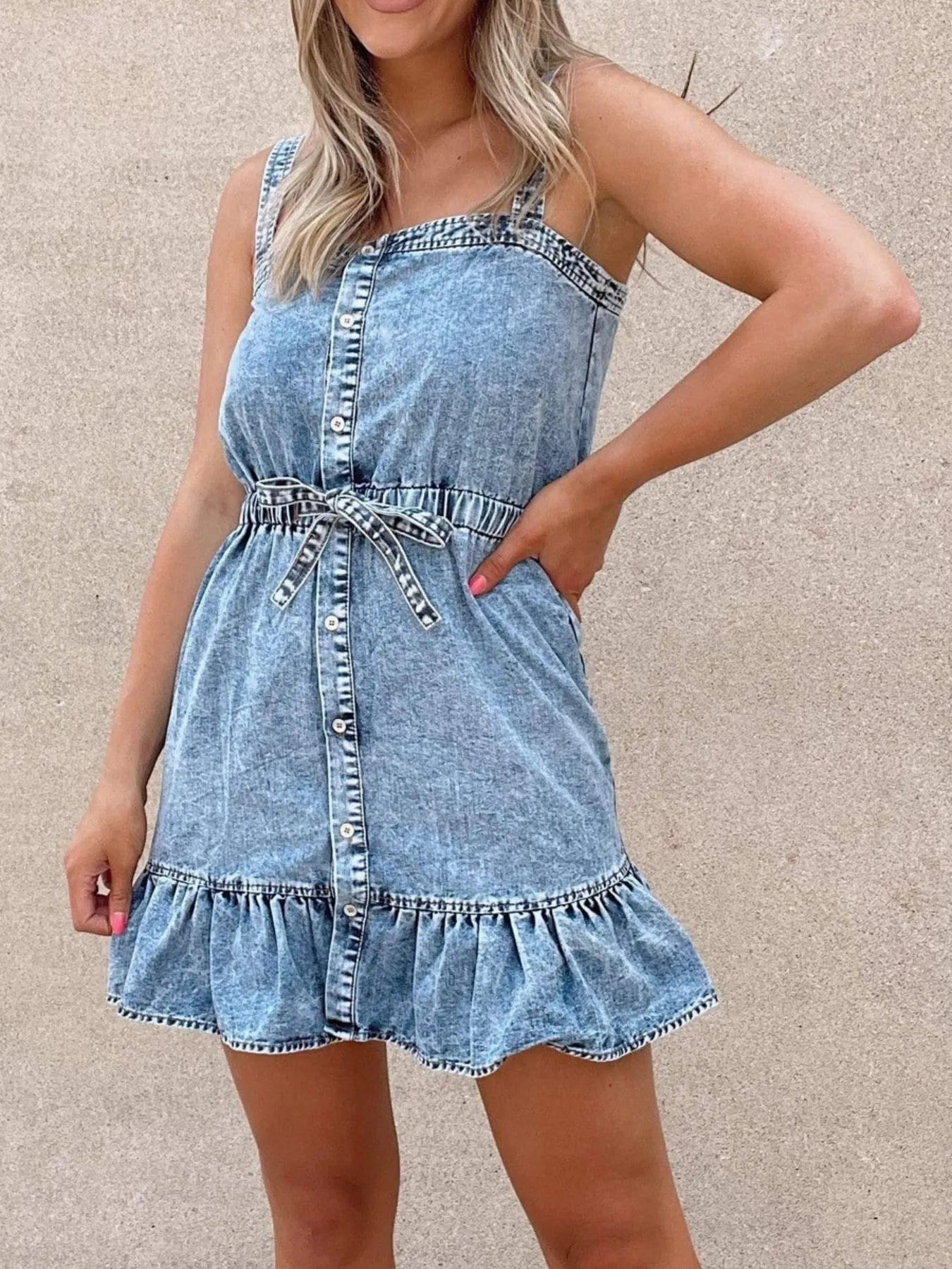 Casual Ruffled Hem Denim Mini Dress with Tie Waist Light Blue / L Casual Ruffled Hem Denim Mini Dress with Tie Waist Light Blue / L