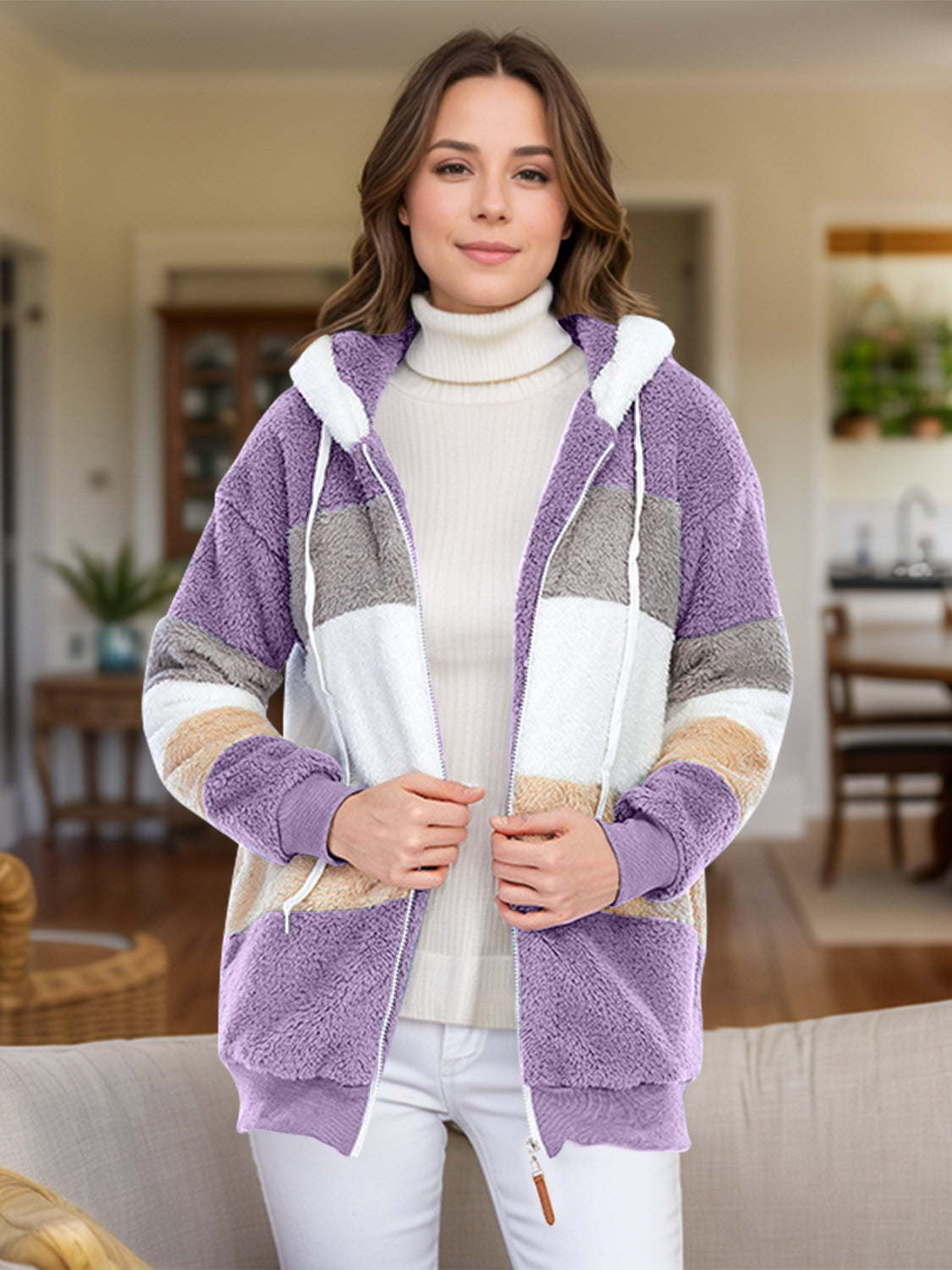 Full Size Drawstring Color Block Zip Up Hooded Outerwear - Charming Charlie