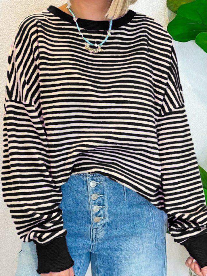 Striped Round Neck Long Sleeve Sweatshirt - Charming Charlie