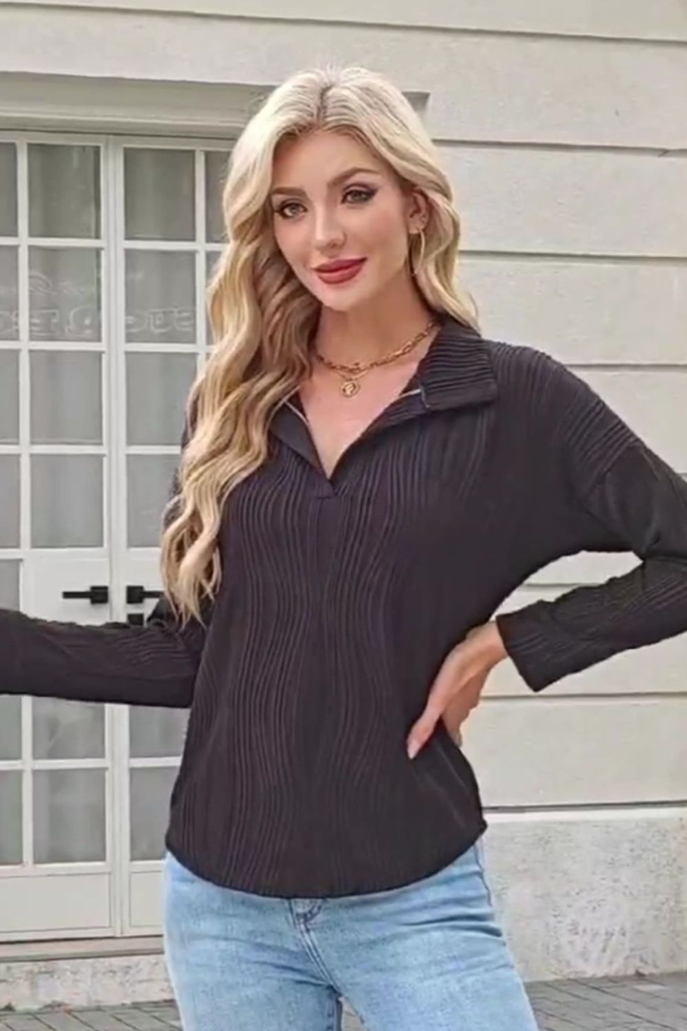 Texture Collared Neck Long Sleeve Blouse - Charming Charlie