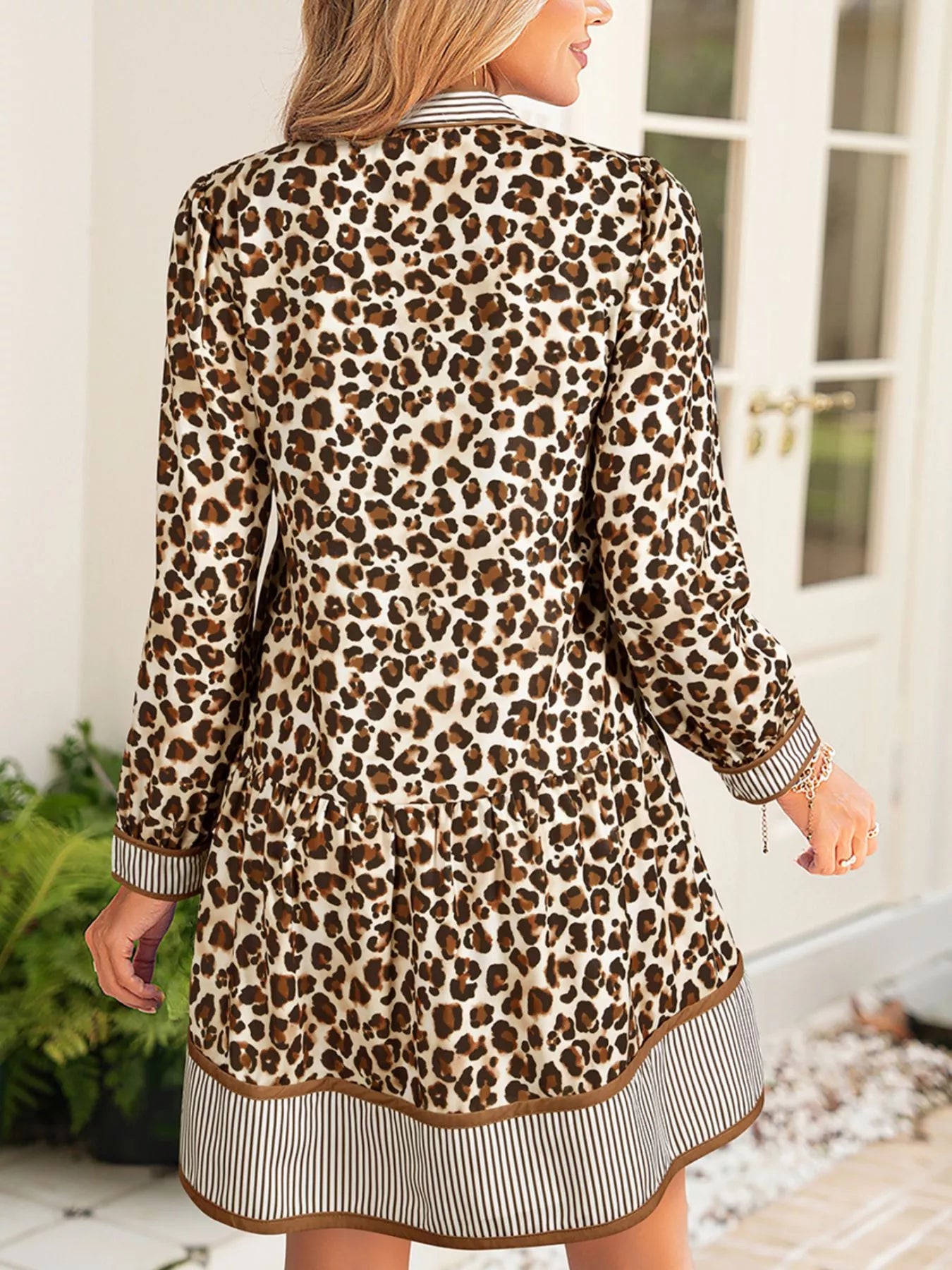 loose printed mini dress Leopard Print Striped Patchwork 3/4 Sleeve Loose Mini Dress Leopard / L
