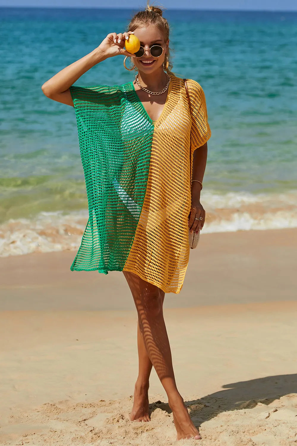 Angel Wings Color Block Openwork Boat Neck Cover Up