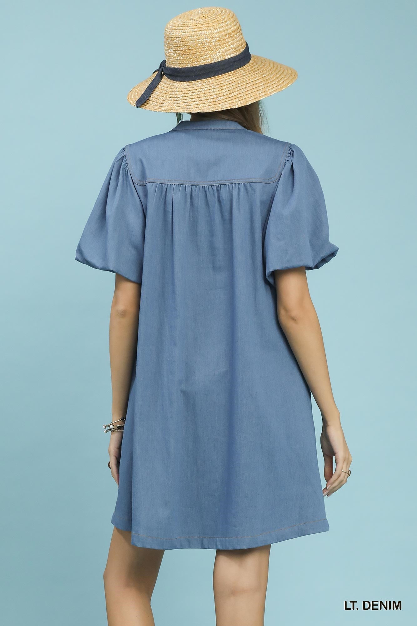 Umgee Chambray Puff Sleeve Dress LT. DENIM / M