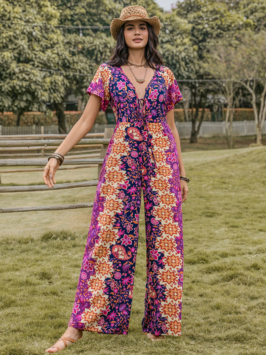 Sleeveless v-neck jumpsuit with waist tie for women | Lila