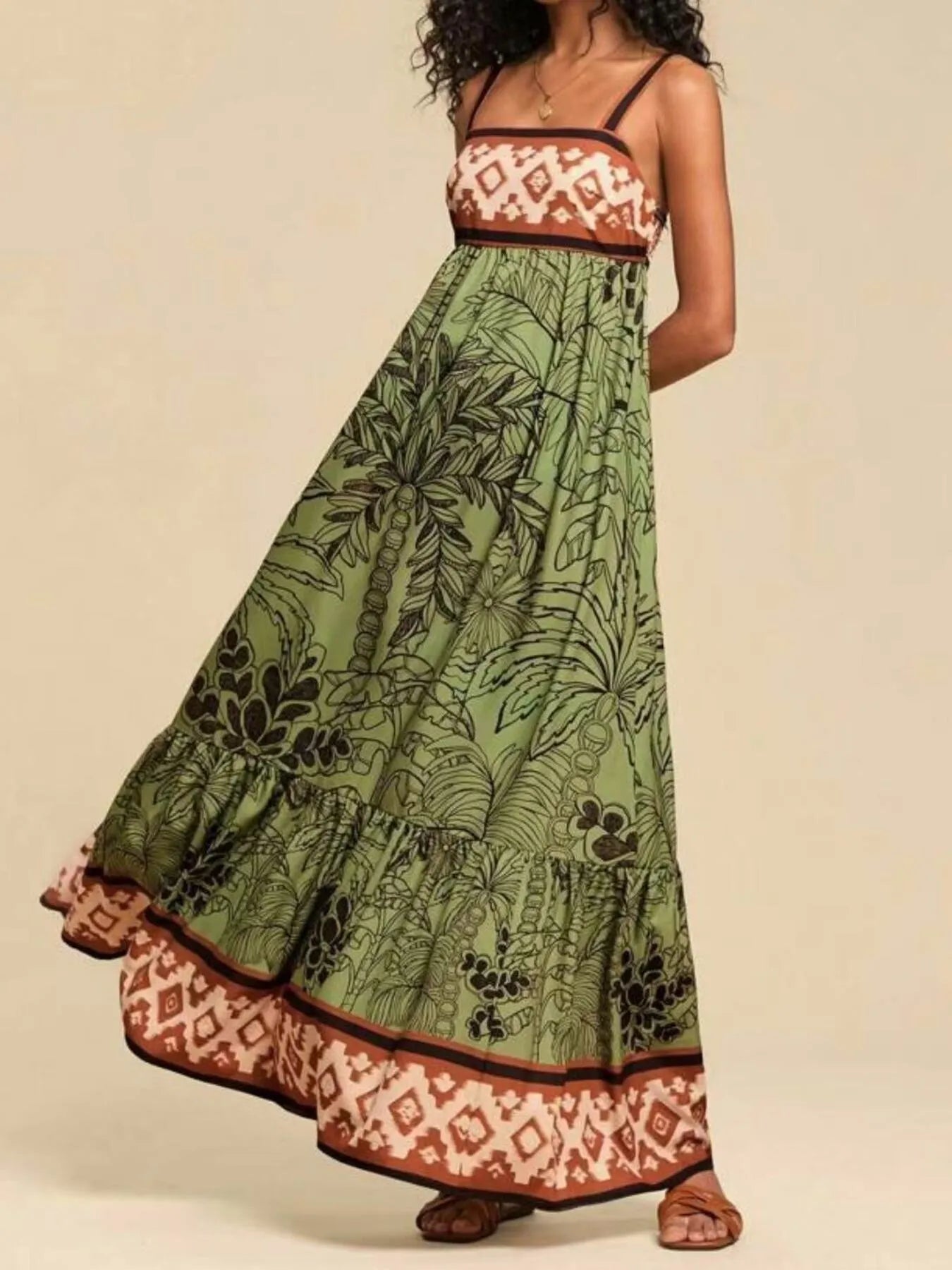 maxi tropical print dress Tropical Print Maxi Cami Dress Moss / L