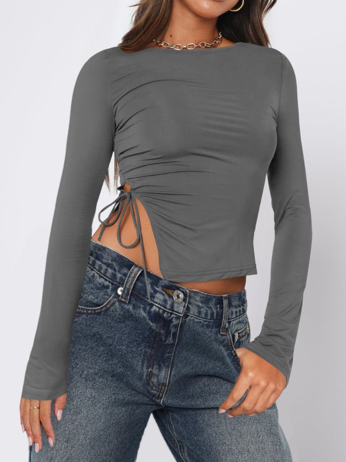 Tied Slit Round Neck Long Sleeve T-Shirt - Charming Charlie