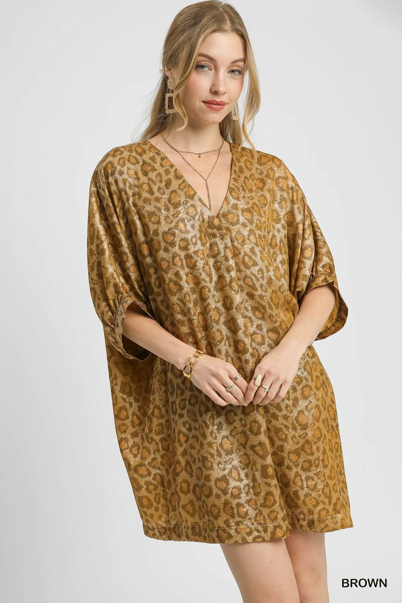 Umgee Metallic Leopard Print V-Neck Kimono Dress - Brown / S Umgee Metallic Leopard Print V-Neck Kimono Dress - Brown / S