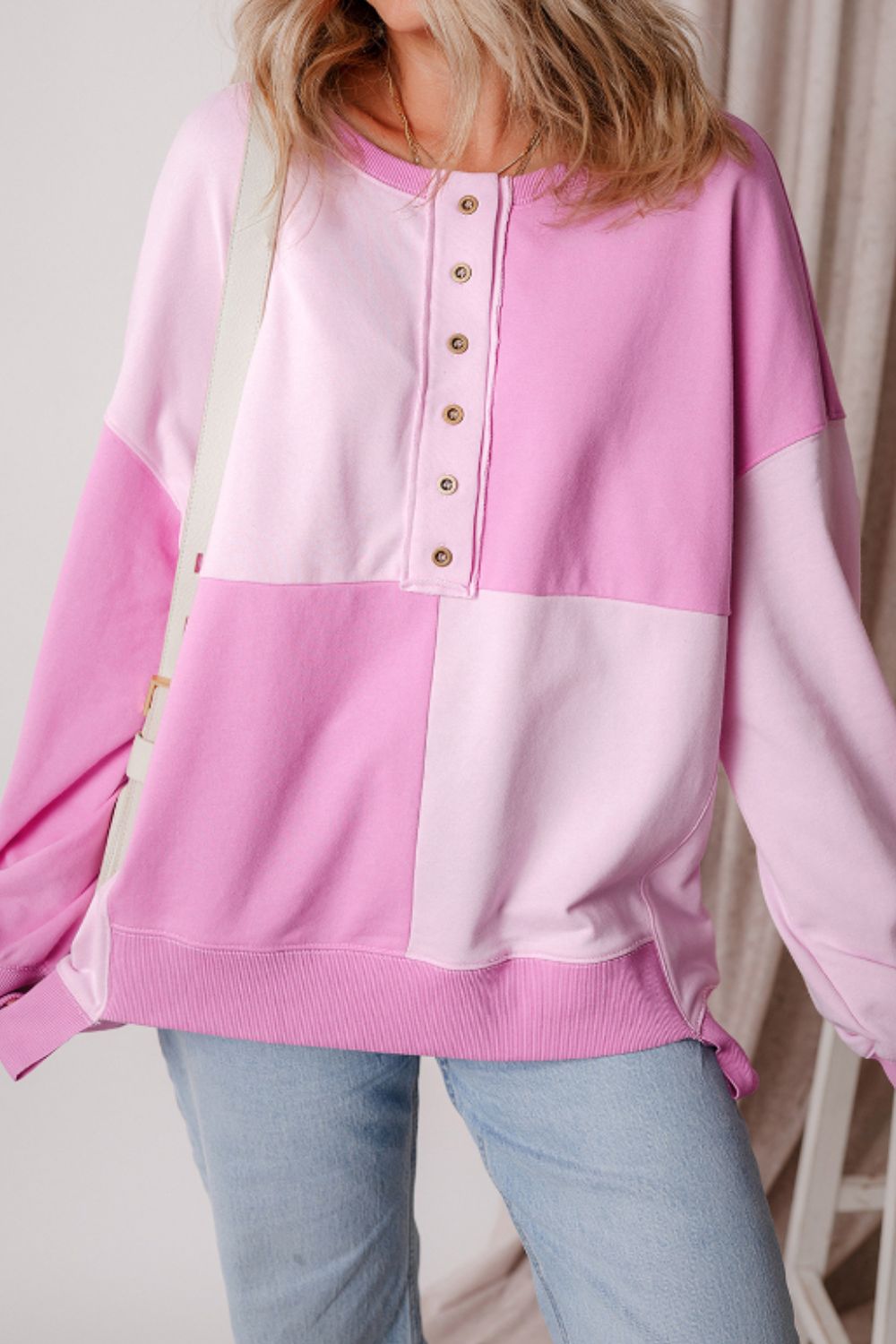 Color Block Half Button Long Sleeve Sweatshirt - Charming Charlie