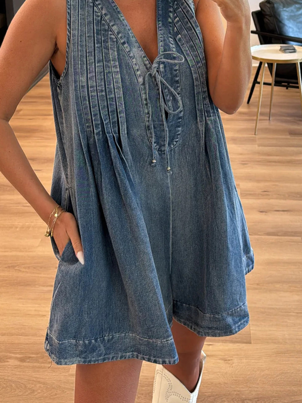 V-Neck Short Sleeve Tied Romper