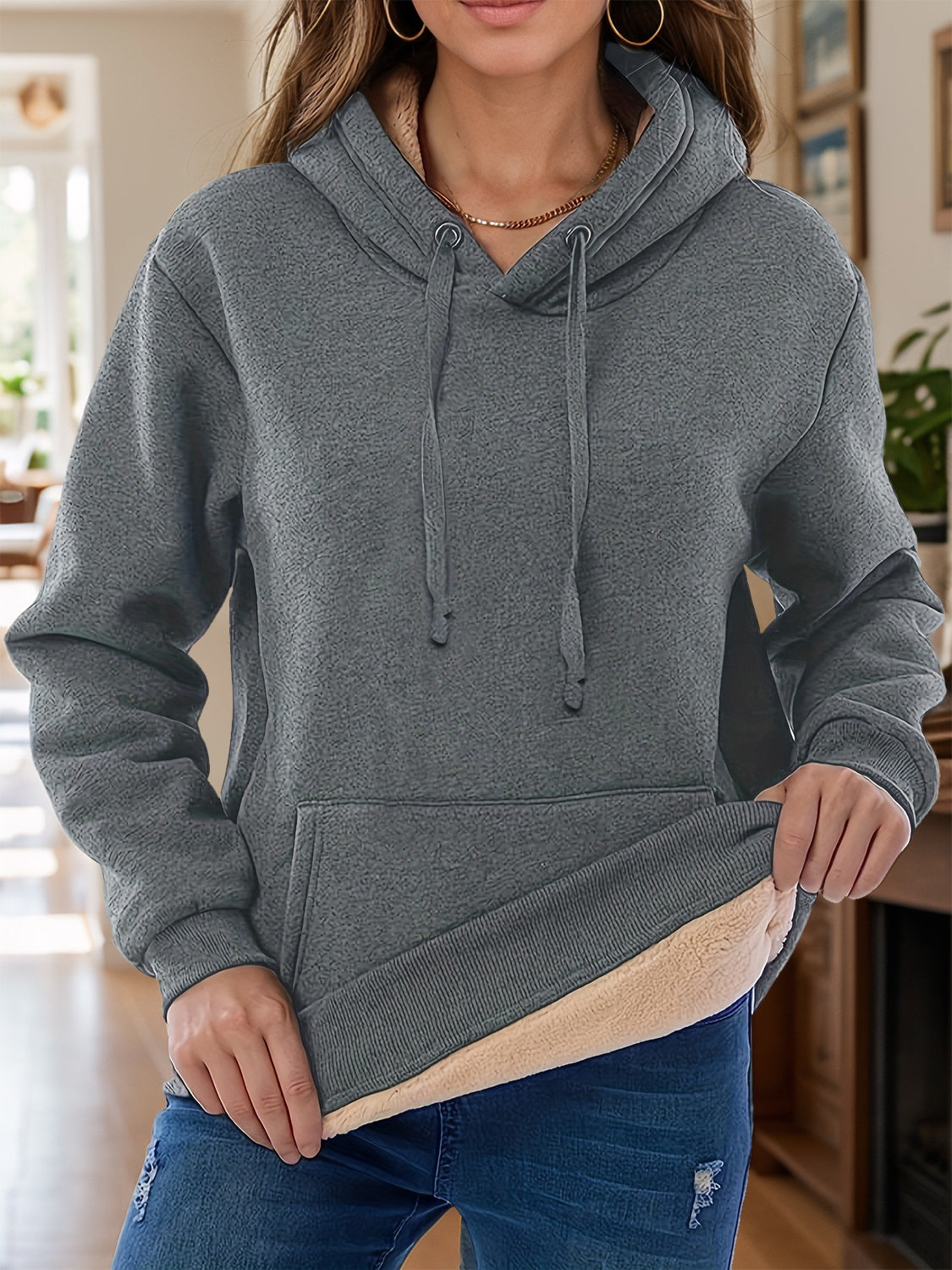 Drawstring Long Sleeve Hoodie with Kangaroo Pocket - Charming Charlie