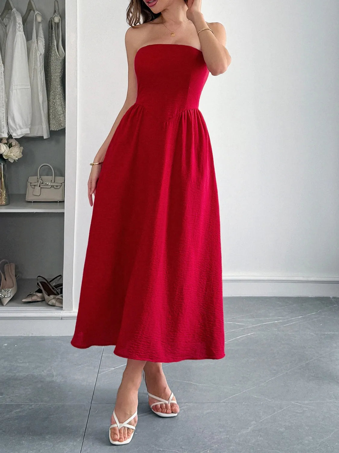 Strapless A-Line Midi Dress with Pockets Charming Charlie Strapless A-Line Midi Dress with Pockets Charming Charlie