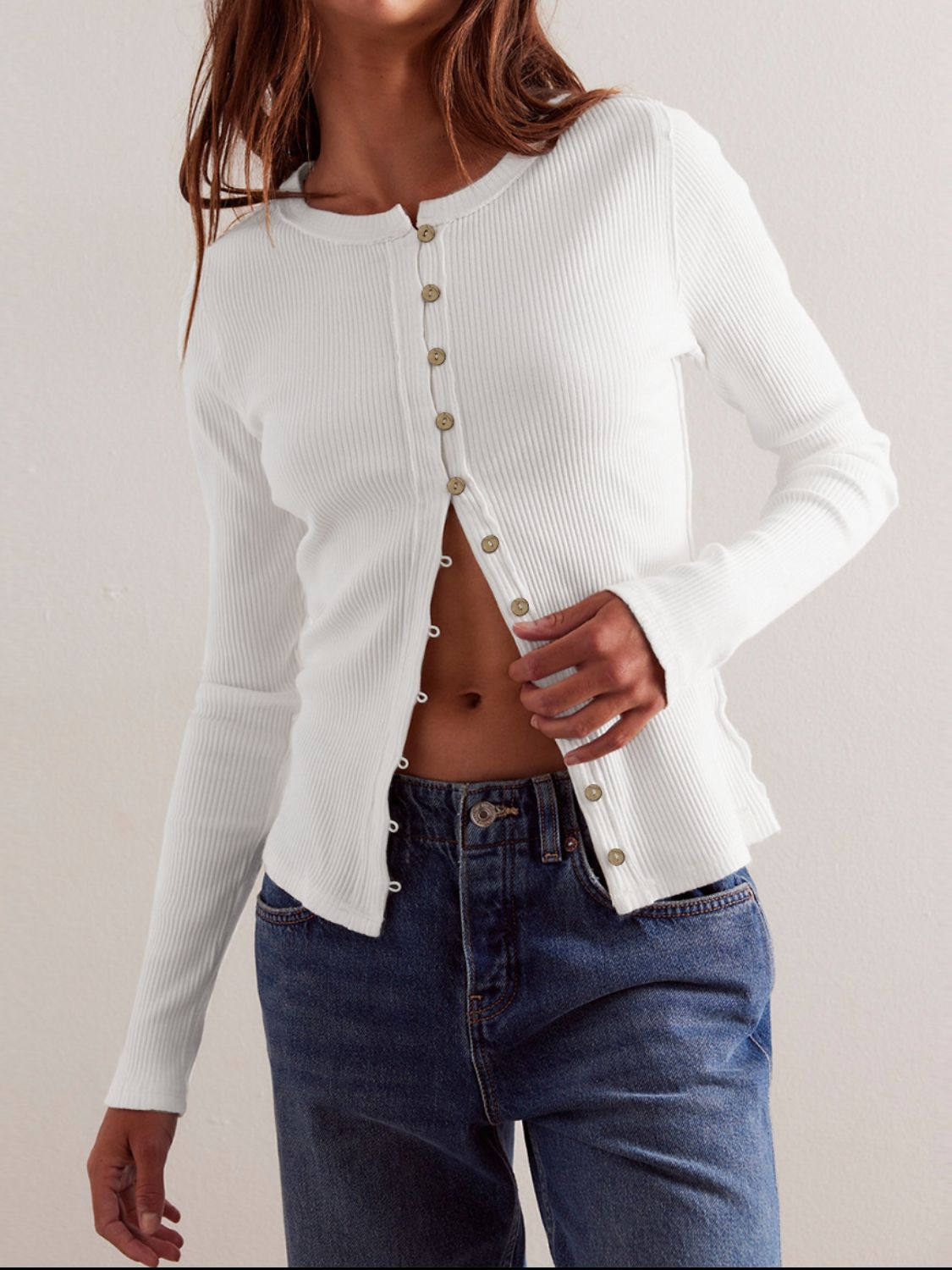 Ribbed Round Neck Long Sleeve Top - Charming Charlie