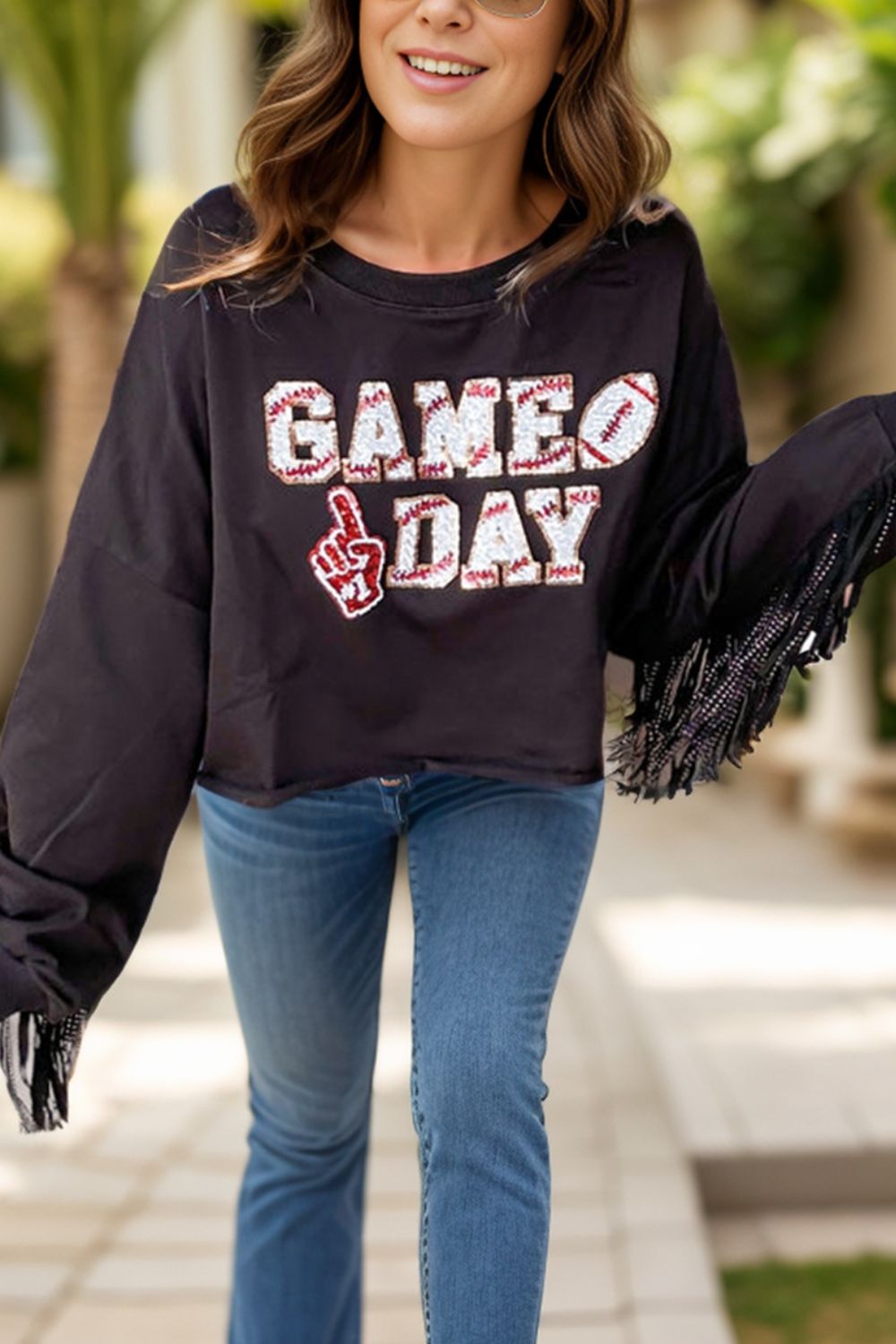 GAME DAY Fringe Long Sleeve Sweatshirt - Charming Charlie