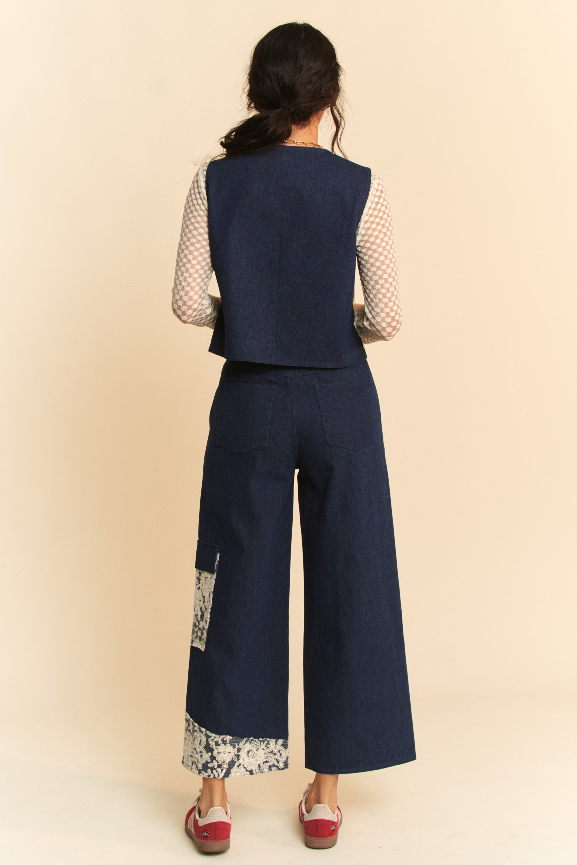 Davi & Dani Lace Patch Open Front Denim Vest – Charming Charlie
