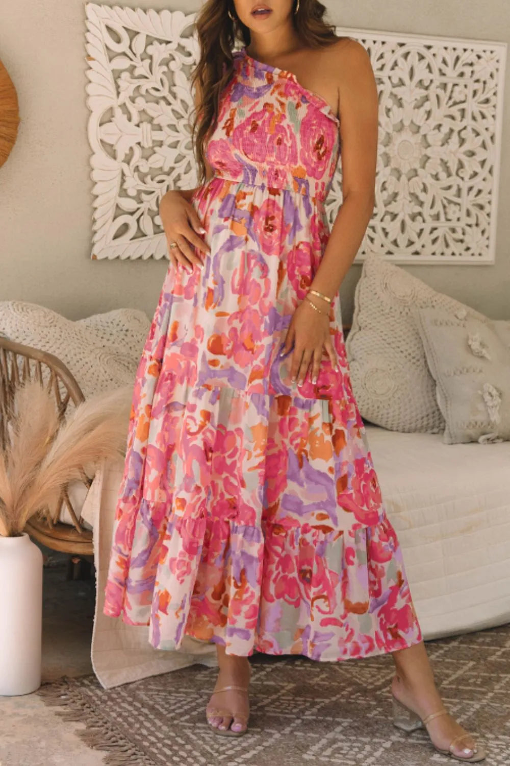 Floral Print Shirred One Shoulder Maxi Dress Floral / S Floral Print Shirred One Shoulder Maxi Dress Floral / S