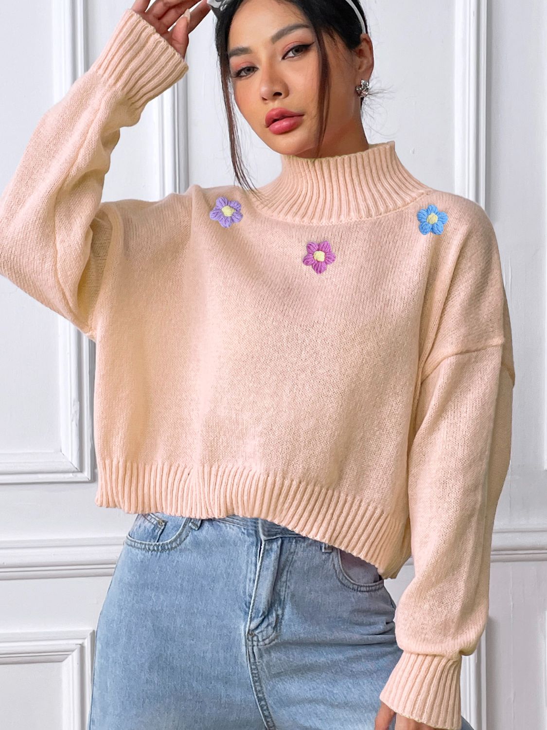 Flower Turtleneck Long Sleeve Sweater - Charming Charlie