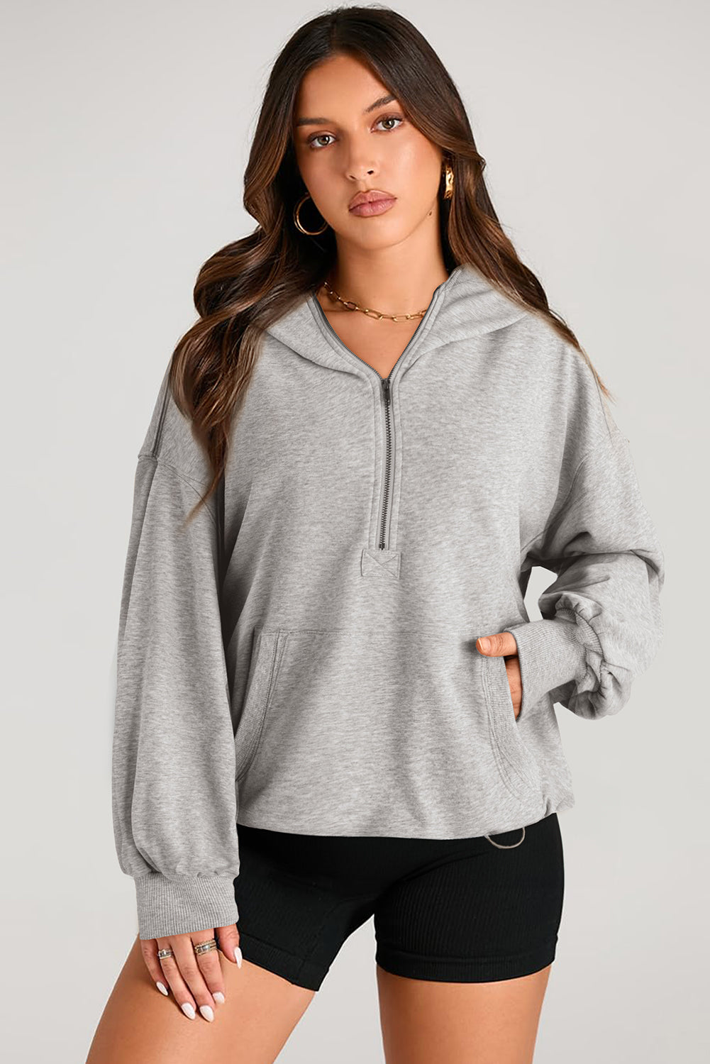 Pocketed Half Zip Long Sleeve Hoodie - Charming Charlie