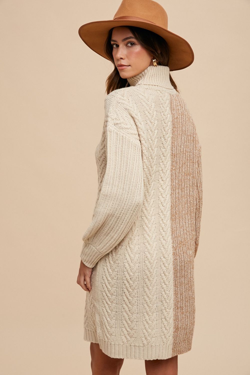 Annie Wear Color Block Turtleneck Sweater Dress Taupe / L Annie Wear Color Block Turtleneck Sweater Dress Taupe / L