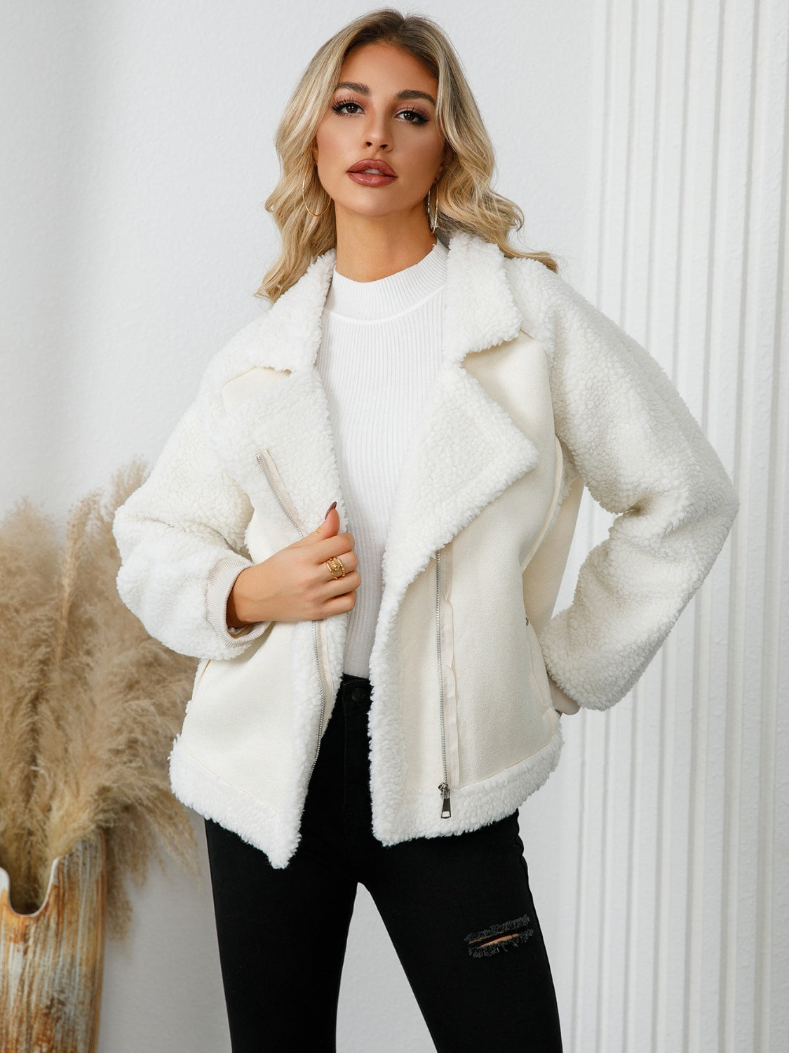 Pocketed Sherpa Zip Up Long Sleeve Jacket - Charming Charlie