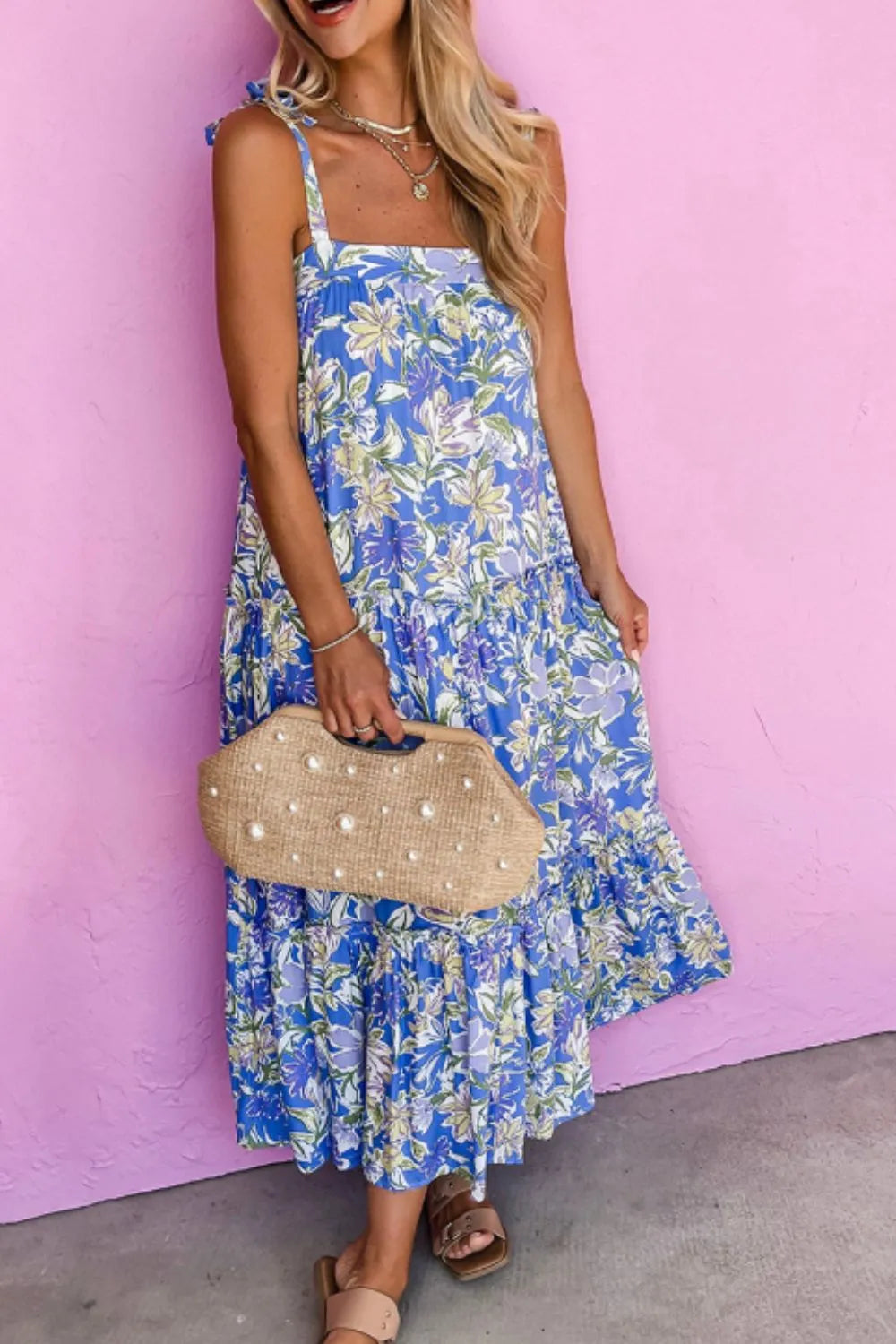 Floral Print Self-tie Straps Flowy Ruffle Dress Charming Charlie Floral Print Self-tie Straps Flowy Ruffle Dress Charming Charlie