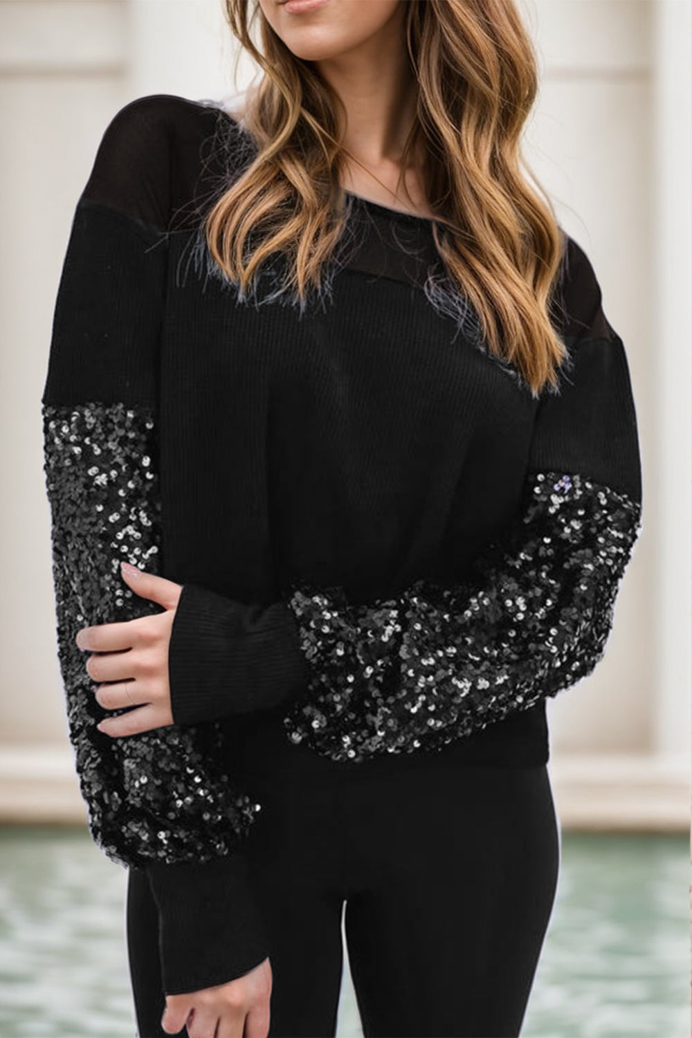 Sequin Boat Neck Long Sleeve Blouse - Charming Charlie