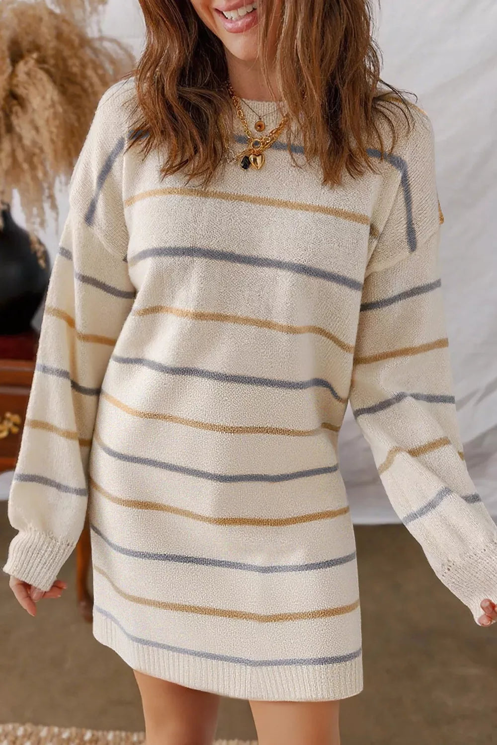 Striped Dropped Shoulder Oversized Sweater Dress Beige / M